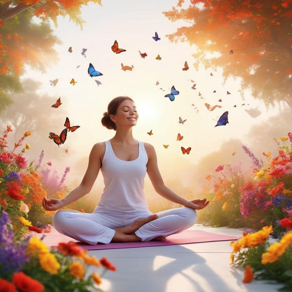 A radiant sunrise illuminating a serene landscape filled with blooming flowers, a smiling person practicing yoga, surrounded by colorful butterflies and birds. The scene conveys a sense of joy and tranquility, with vibrant colors enhancing the uplifting atmosphere. super-realistic. vibrant colors. white background.