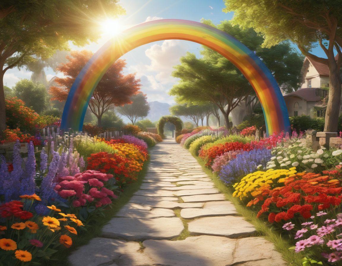 A serene pathway lined with vibrant flowers under a bright, sunny sky, where a diverse group of joyful people of varying ages and backgrounds are laughing and connecting with each other. Soft rays of sunlight illuminate the scene, creating an atmosphere of warmth and positivity. A whimsical rainbow arcs overhead, symbolizing hope and happiness. super-realistic. vibrant colors. 3D.