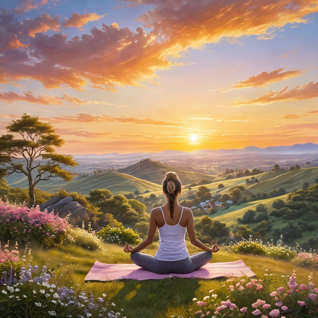 A serene sunrise radiating golden light over a tranquil landscape, with a person practicing yoga on a hilltop, surrounded by blooming flowers and vibrant greenery, embodying a sense of peace and happiness. The sky is filled with soft pastel colors, symbolizing hope and new beginnings. super-realistic. vibrant colors. inspirational.